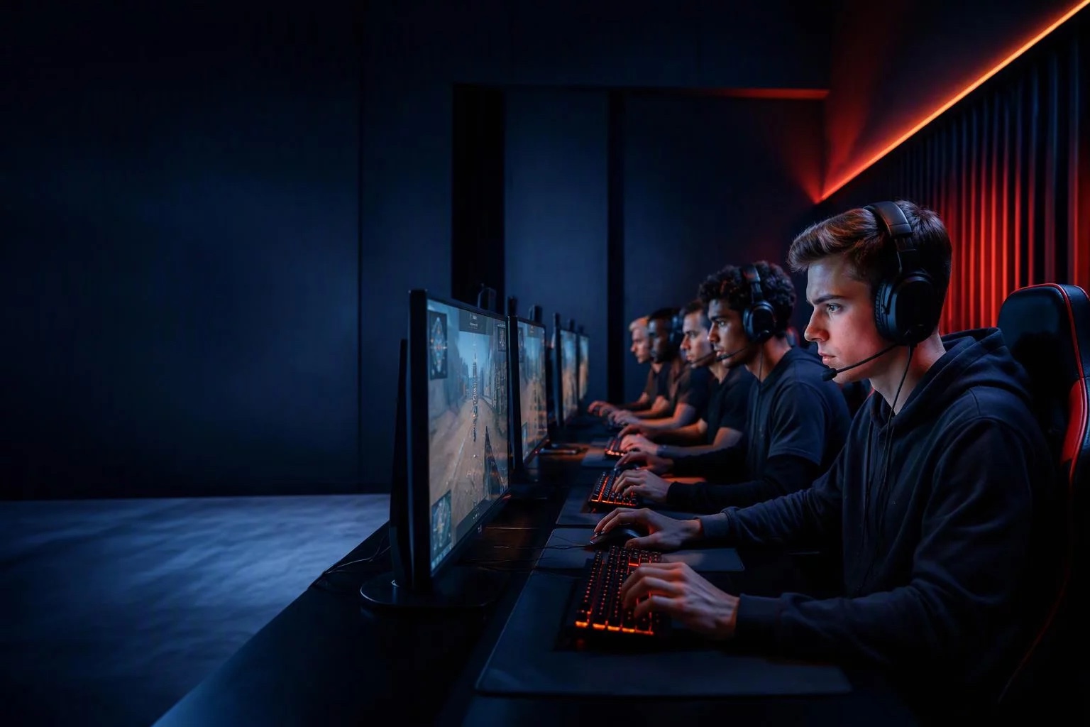 Competitive gaming team at a modern PC setup